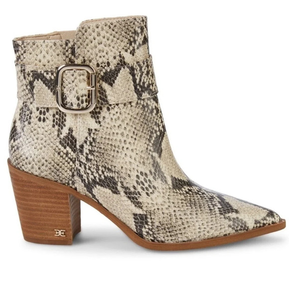 NWT SAM EDELMAN Leonia Buckle Pointed Toe Snakeskin Ankle Booties - Picture 3 of 12